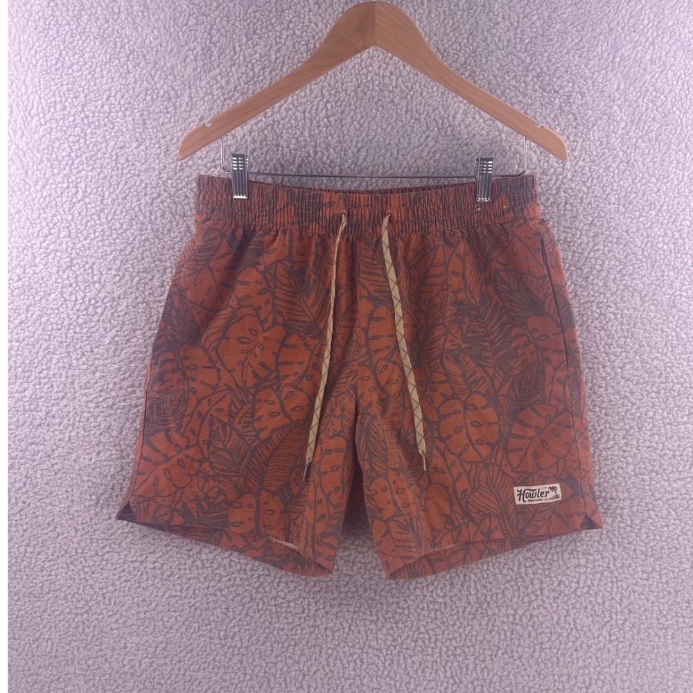 Howler Brothers Mens Tropical Leaf Print Shorts Rust Orange Size M